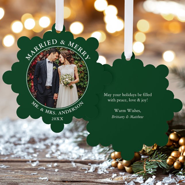 Adorno De Papel Matrimonio y Boda de merry Foto Verde (A greeting card that is also an ornament! Customize with your photo and personalized text.)