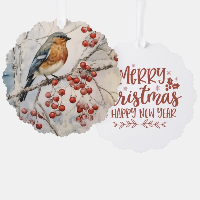 Adorno De Papel Merry Christmas Happy New Year Winter Robin  (Anverso/Reverso)