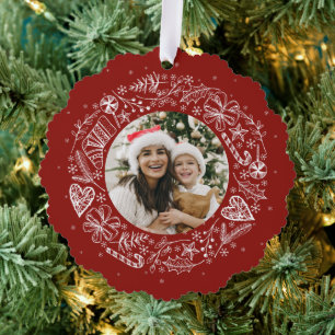 Adorno De Papel Merry Christmas Photo Gold Wreath Red