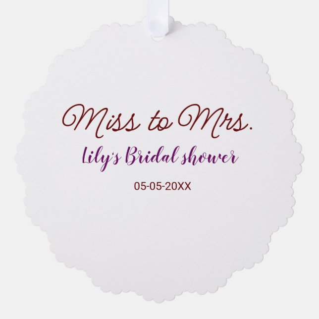 Adorno De Papel Miss a Mrs bridal ducha agregar nombre fecha año s (Anverso)