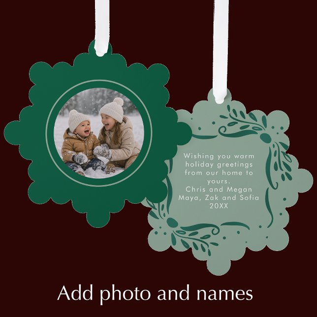 Adorno De Papel Modern Sage Hand Drawn Bows Christmas Photo (Add your photo and personalized message for a stylish modern Christmas ornament card or gift tag)