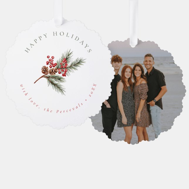 Adorno De Papel Moderna rama de pino de invierno y foto de Berries (Anverso/Reverso)