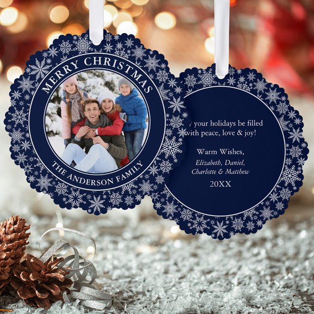 Adorno De Papel Moderno copos de nieve Blue Merry Christmas Photo (A greeting card that is also an ornament! Customize with your photo and personalized text.)