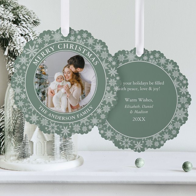 Adorno De Papel Moderno Sage Green Snowflakes Fotos navideñas (A greeting card that is also an ornament! Customize with your photo and personalized text.)