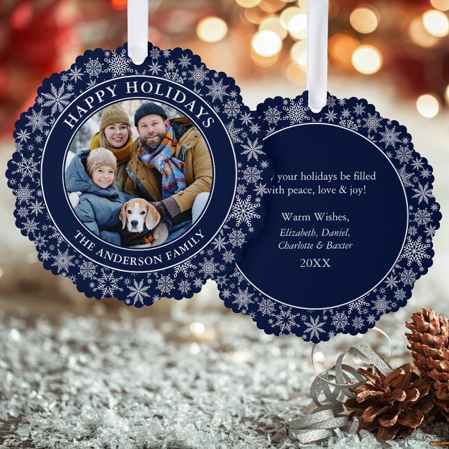 Adorno De Papel Modernos copos de nieve Blue Happy Holidays Photo (A greeting card that is also an ornament! Customize with your photo and personalized text.)