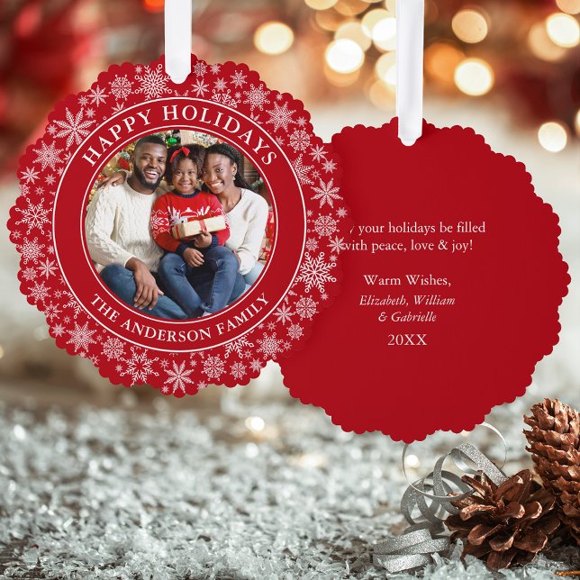 Adorno De Papel Modernos copos de nieve foto Felices vacaciones Ro (A greeting card that is also an ornament! Customize with your photo and personalized text.)