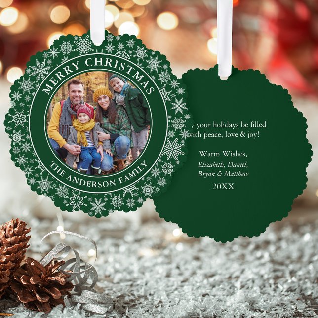 Adorno De Papel Modernos copos de nieve foto Feliz Navidad Verde (A greeting card that is also an ornament! Customize with your photo and personalized text.)