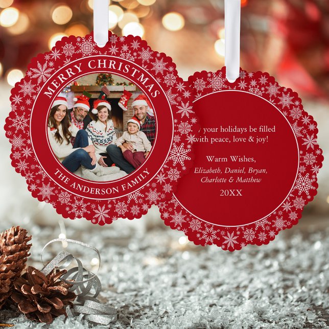 Adorno De Papel Modernos copos de nieve Fotos navideñas Red Merry (A greeting card that is also an ornament! Customize with your photo and personalized text.)