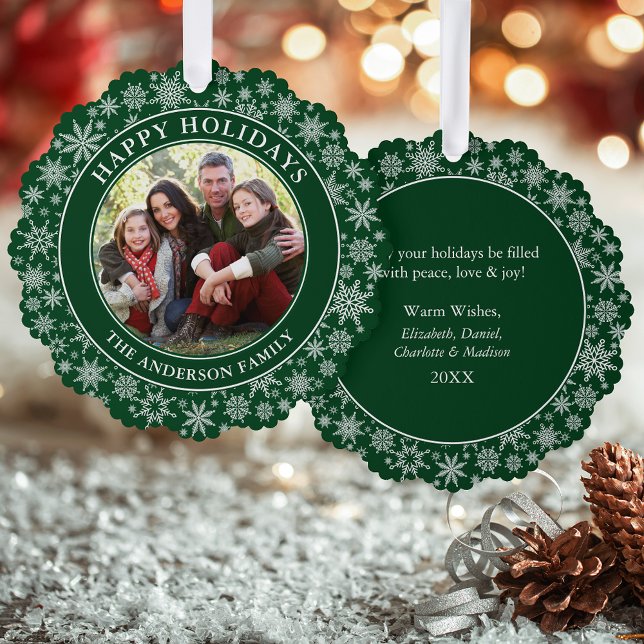 Adorno De Papel Modernos copos de nieve Green Happy Holidays Photo (A greeting card that is also an ornament! Customize with your photo and personalized text.)