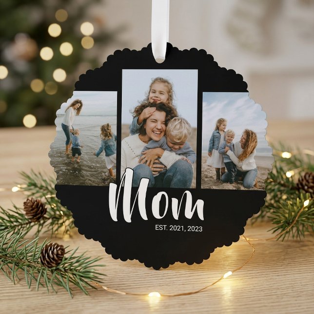 Adorno De Papel Mom Established Modern Script Black 3 Photo (Mom Established Modern Script Black 3 Photo Ornament Card)