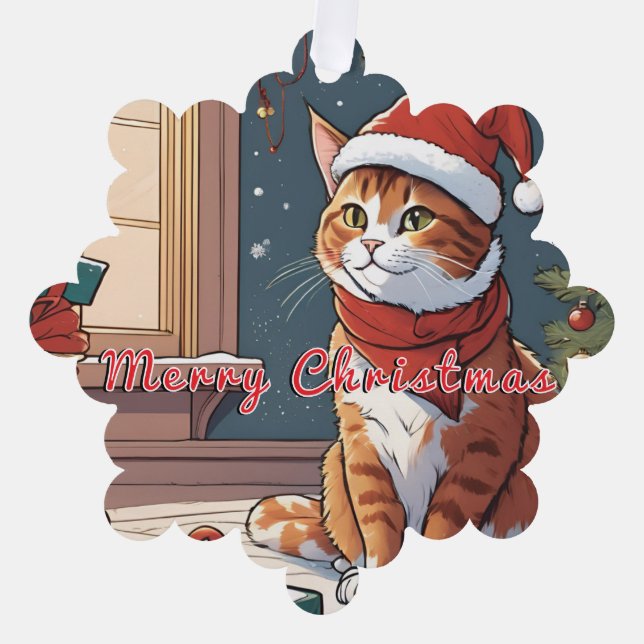 Adorno De Papel Naranja gato con Navidades gorra lindo Mascota Ani (Anverso)