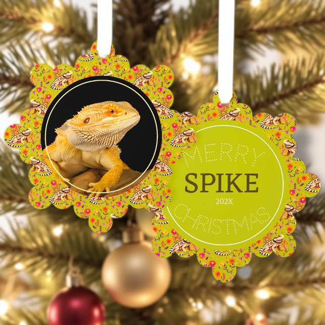Adorno De Papel Navidades de dragón con barba personalizados (Bearded dragon Christmas ornament with photo and name personalization.)