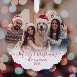 Adorno De Papel Navidades de fotografía de escritura roja blanca m<br><div class="desc">Moderno Cute Rojo Guión Minimalista 2 Fotos Tarjeta Ornamento de Regalo navideño con guión navideño. Esta festividad, simple, minimalista, caprichosa plantilla de dos tarjetas de felicitación de festividad fotográfica incluye el nombre de la familia, el año y un texto de saludo de "Feliz Navidad" que está escrito en una foto...</div>