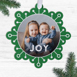 Adorno De Papel Navidades de fotografía de la alegría del audaz y<br><div class="desc">¡Envíe saludos únicos de vacaciones con estas divertidas tarjetas de Navidades de fotos que se doblan como adornos o grandes etiquetas de regalo! Presentan un diseño simple de copos de nieve, una tipografía moderna que lee JOY, y una plantilla de fotos en forma de círculo sobre un fondo verde brillante....</div>