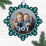 Adorno De Papel Navidades de fotografía de la alegría del copo de<br><div class="desc">¡Envíe saludos únicos de vacaciones con estas divertidas tarjetas de Navidades de fotos que se doblan como adornos o grandes etiquetas de regalo! Presentan un diseño simple de copos de nieve, una tipografía moderna que lee JOY, y una plantilla de fotos en forma de círculo sobre un fondo verde azulado...</div>