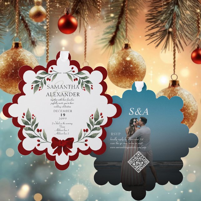 Adorno De Papel Navidades de fotografía modernos ornamento de invi (Modern Photo Christmas Wedding Invitation Ornament Unique Designer Christmas Watercolor Wreath )