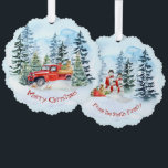 Adorno De Papel Navidades de la familia Vintage Red Truck Snowman<br><div class="desc">Una hermosa y acogedora escena de invierno con un camión rojo vintge cargado de regalos y un árbol de Navidad que te trae Feliz Navidad. En la espalda,  una familia de hombres de nieve envía los saludos a tus amigos.</div>