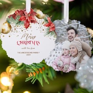 Adorno De Papel Navidades de la poinsettia del oro rojo fotográfic