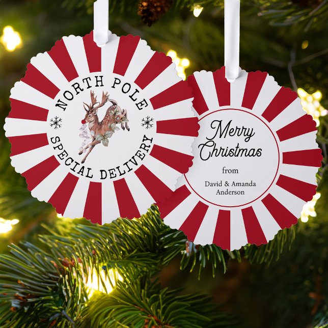 Adorno De Papel Navidades de North Pole Special Delivery Rudolph (North Pole Special Delivery ornament card with Rudolph the Red Nosed Reindeer!)