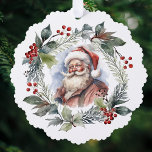 Adorno De Papel Navidades de Santa Watercolor sonrientes alegres<br><div class="desc">El retrato de San Nicolás,  de inspiración vintage y sonriente,  fue pintado con verduras,  follaje y bayas rojas,  rodeado por un Navidad festivo de acuarela.</div>