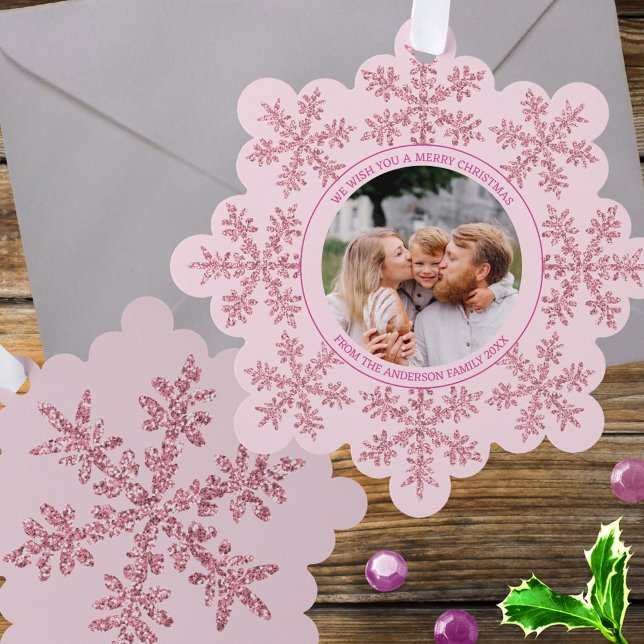 Adorno De Papel Navidades fotográficos familiares de Snowflake Ros (Personalized paper ornament cards, so fun! Add your photo to the pink faux glitter snowflake design)