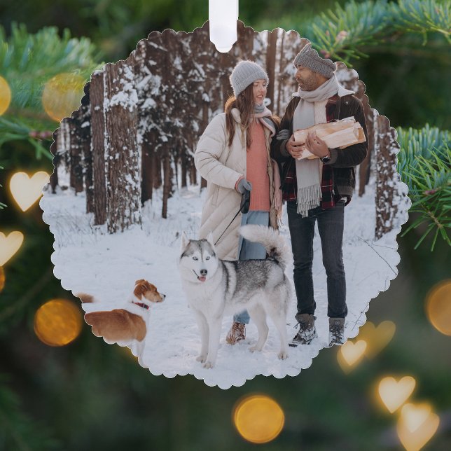 Adorno De Papel Navidades mínimos foto verde del bosque escandinav (Personalized family photo ornament created for elegant, simple, and contemporary holiday greetings)