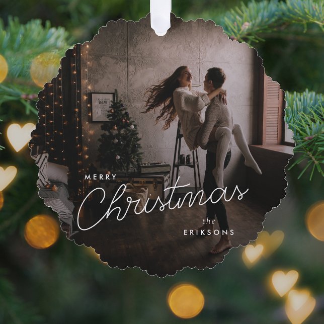 Adorno De Papel Navidades modernos de moda | Foto De Pareja Oscura (Modern trendy couple ornament card by Guava, featuring white script over dark dusky photo design)