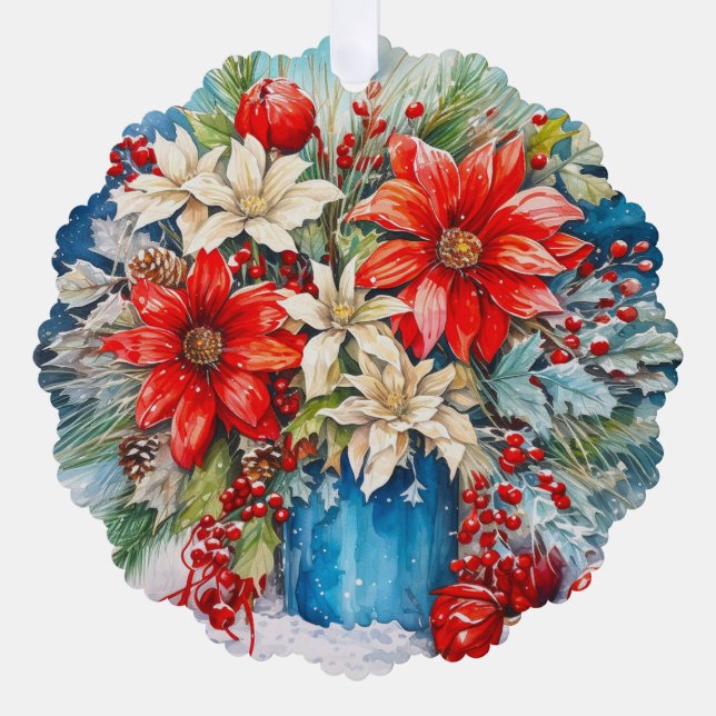 Adorno De Papel Navidades personalizados Poinsettia, Berries Bouqu (Anverso)