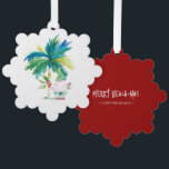 Adorno De Papel Navidades tropicales de Merry Beach-mas<br><div class="desc">Este adorable adorno navideño cuenta con una palmera acuarela con Santa en pantalones cortos de playa y una camisa hawaiana. Los ornamentos se revierten para incluir las palabras "Merry Beach-mas" en la tipografía con letras a mano. Utilice los campos de plantilla para agregar el saludo de su personalizado. Una elección...</div>