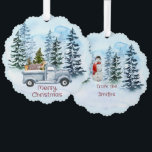 Adorno De Papel Navidades Vintage Blue Truck Winter Scene<br><div class="desc">Una hermosa y acogedora escena de invierno con un camión azul vintge cargado de animales salvajes y un árbol de Navidad que te trae Feliz Navidad deseos. En la espalda un muñeco de nieve envía los saludos a tus amigos.</div>