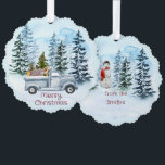 Adorno De Papel Navidades Vintage Blue Truck Winter Scene<br><div class="desc">Una hermosa y acogedora escena de invierno con un camión azul vintge cargado de animales salvajes y un árbol de Navidad que te trae Feliz Navidad deseos. En la espalda un muñeco de nieve envía los saludos a tus amigos.</div>