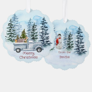 Adorno De Papel Navidades Vintage Blue Truck Winter Scene
