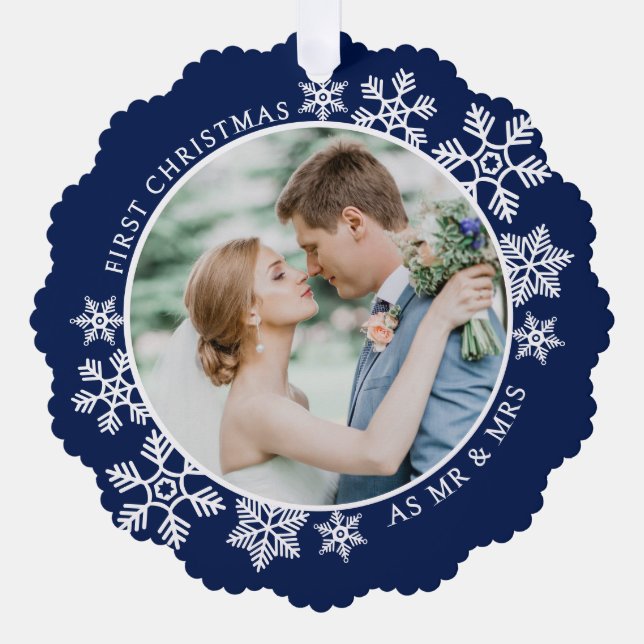 Adorno De Papel Navy Blue First Christmas Sr. and Mrs Photo (Anverso)
