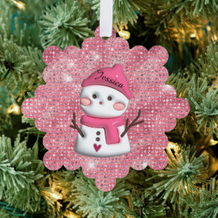 Adorno De Papel Nombre personalizado del muñeco de nieve rosado