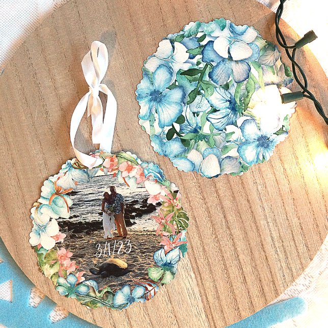 Adorno De Papel Ornamento navideño de Boda tropical conmemorativo (Tropical Christmas, Commemorative Ornament, Blue Hibiscus Flower Wreath)