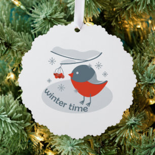 Adorno De Papel Pájaro bullfinch de invierno y bayas rojas