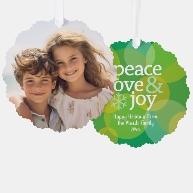 Adorno De Papel Peace Love Joy Green Bokeh - Christmas Photo (Anverso/Reverso)