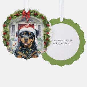 Adorno De Papel Perro Rottie con sombrero de Santa en la puerta pr