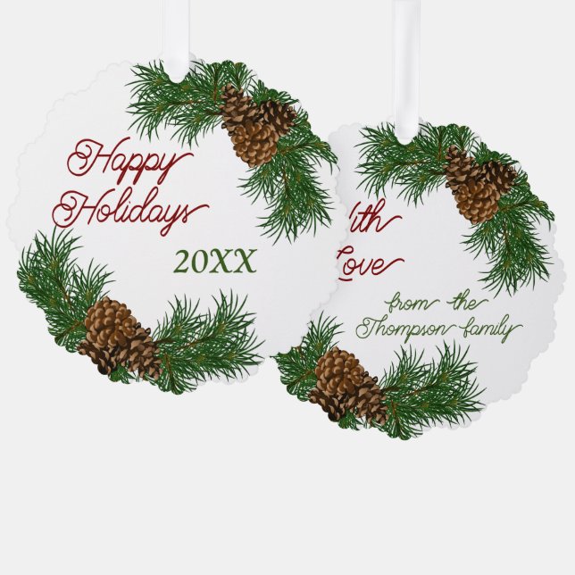 Adorno De Papel Personalizado Pinecones Pine Needles Brands Wreath (Anverso/Reverso)