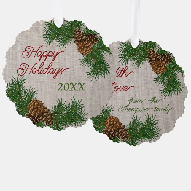 Adorno De Papel Personalizado Pinecones Pine Needles Brands Wreath (Anverso/Reverso)
