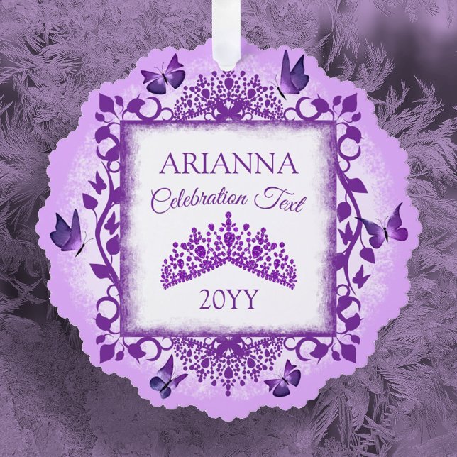 Adorno De Papel Personalized Lilac Purple Tiara & Butterflies (purple lilac tiara and butterflies christmas tree ornament, custom message, personalized ornament)