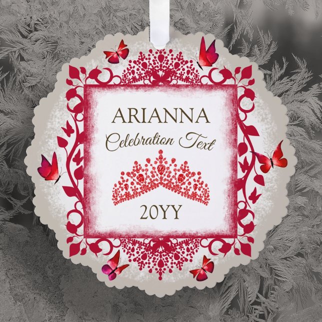 Adorno De Papel Personalized Ruby Red Tiara & Butterflies (red tiara and butterflies christmas tree ornament with custom message, personalized paper ornament)