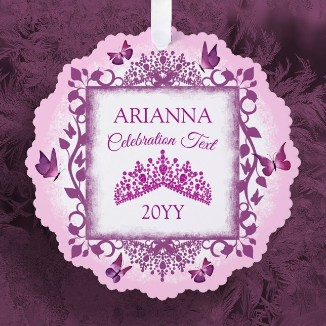 Adorno De Papel Personalized Violet Tiara & Butterflies Keepsake (pink tiara and butterflies christmas tree ornament with custom message, personalized paper ornament)