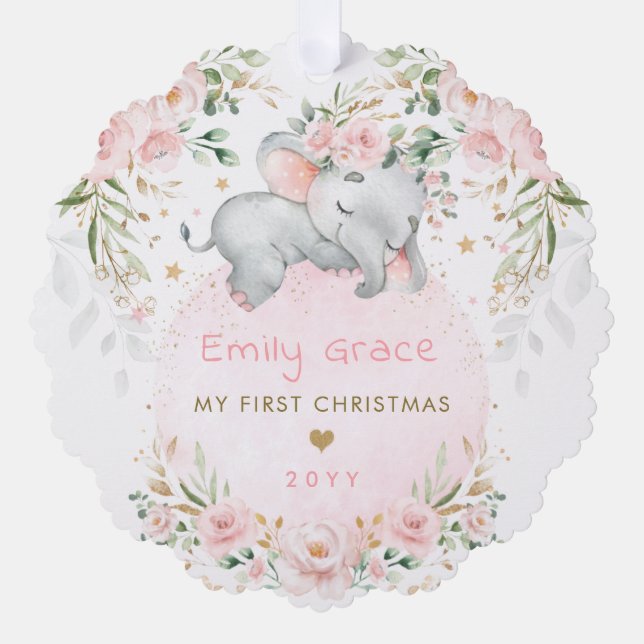 Adorno De Papel Pink Floral Elephant Baby First 1st Christmas (Anverso)