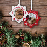 Adorno De Papel Pintura roja blanca imprime a los primeros Navidad<br><div class="desc">Comodidad de fotos en forma de copo de nieve con una foto redonda de tu cachorro con texto curvo y adorables huellas de pata en rojo y blanco.</div>