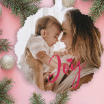 Adorno De Papel Primer foto de bebé de Navidad moderna<br><div class="desc">Guión moderno de moda de alegría rosa y tarjeta ornamenta de árbol de vacaciones de amor con la primera Navidad del recién nacido junto con mamá,  papá y familia.</div>
