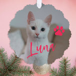 Adorno De Papel Primer mascota de Navidad gato nombre foto persona<br><div class="desc">Moderno añada tu nombre mascota guion rosado e impresión de pata Primera tarjeta de ornamento de árbol de keepsake de Navidad.</div>