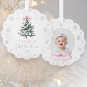 Adorno De Papel Primer Navidad árbol de invierno con lazo rosa