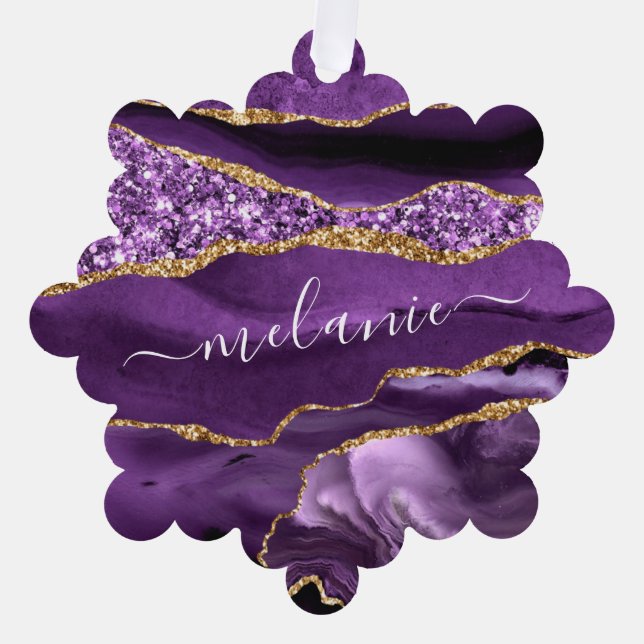 Adorno De Papel Purple Gold Custom Name Christmas Ornamet Card (Anverso)
