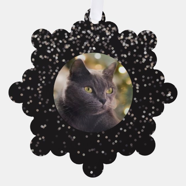 Adorno De Papel Purpurina plateado sobre gato negro personalizado (Anverso)